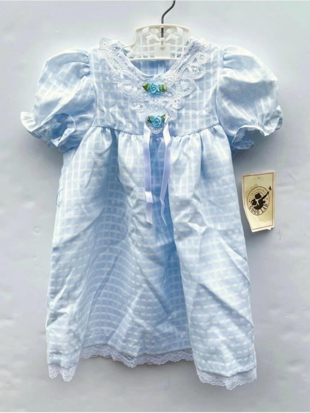 VTG 24 Mo NWT Toddler Dress - Lt Blue and White - Lace, Ribbon